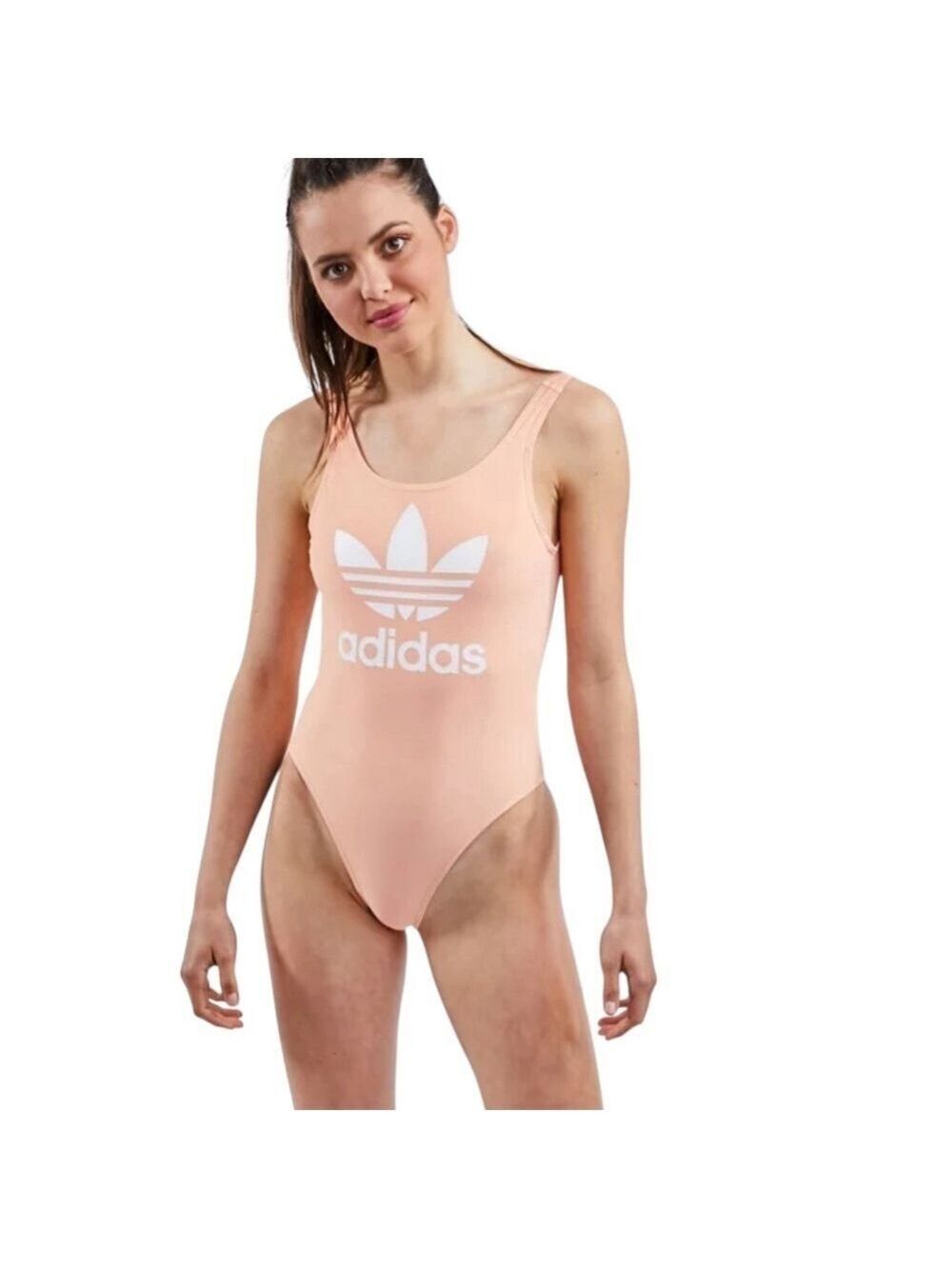 Adidas Trefoil Coral One-Piece Swimsuit White Logo Size Large Sporty Fit Beach